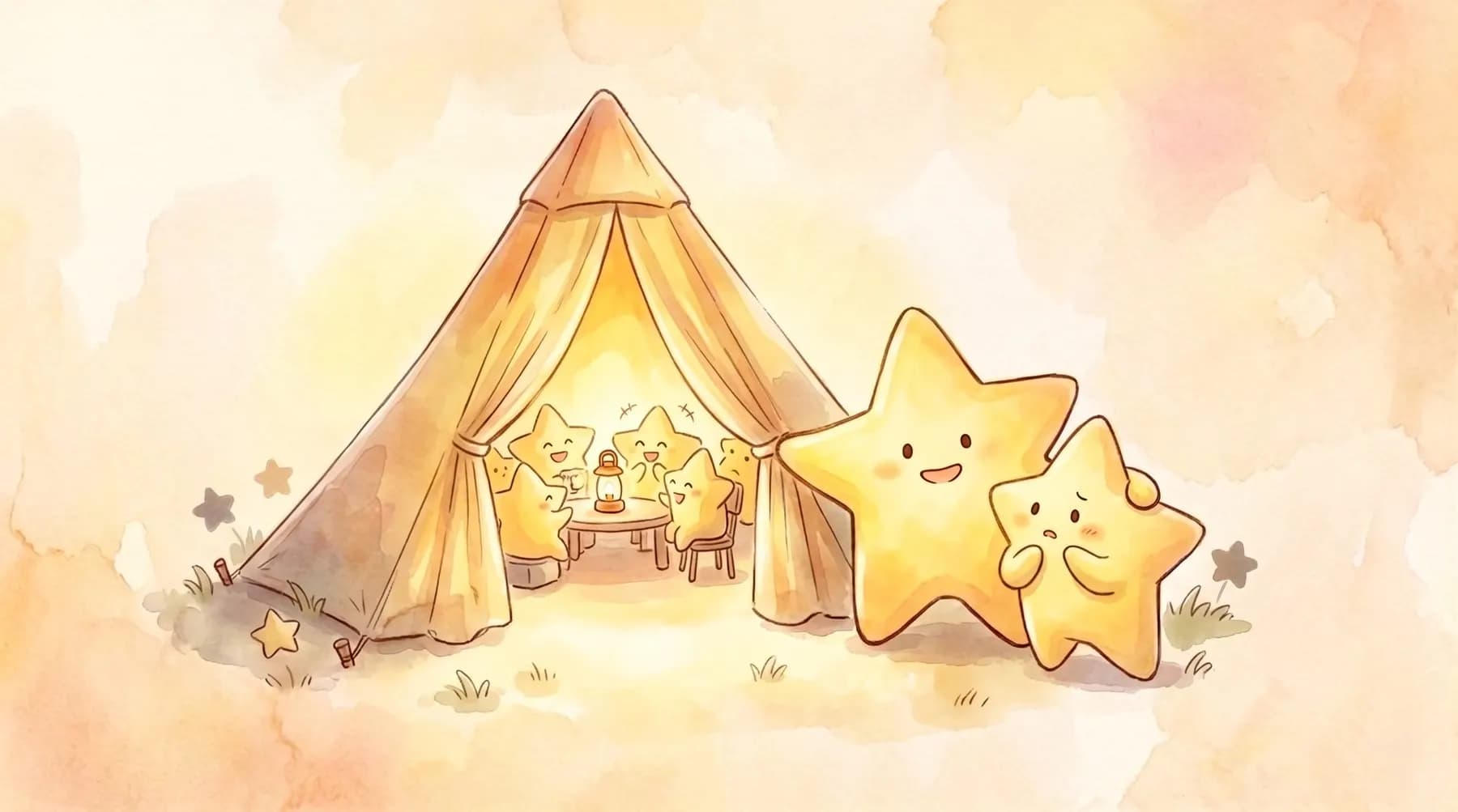 星たちがベースキャンプ（テント）を見学する水彩イラスト