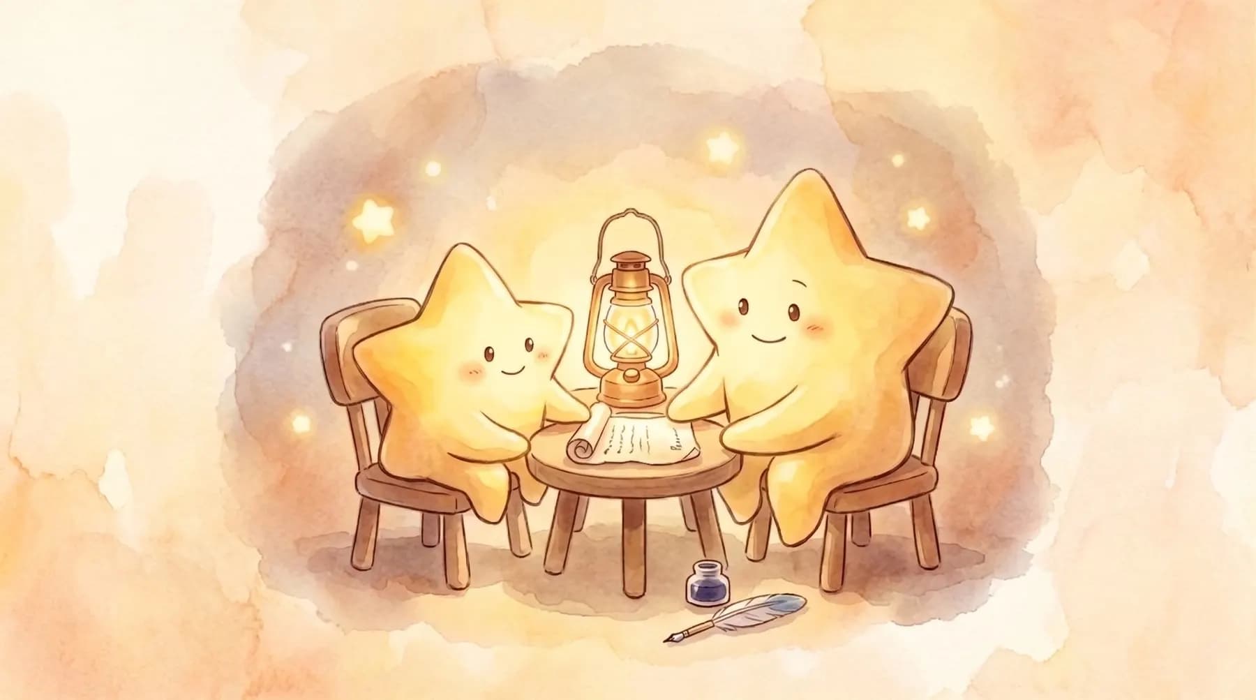 星たちがランタンの灯りの下で書類を見ながら対話する水彩イラスト