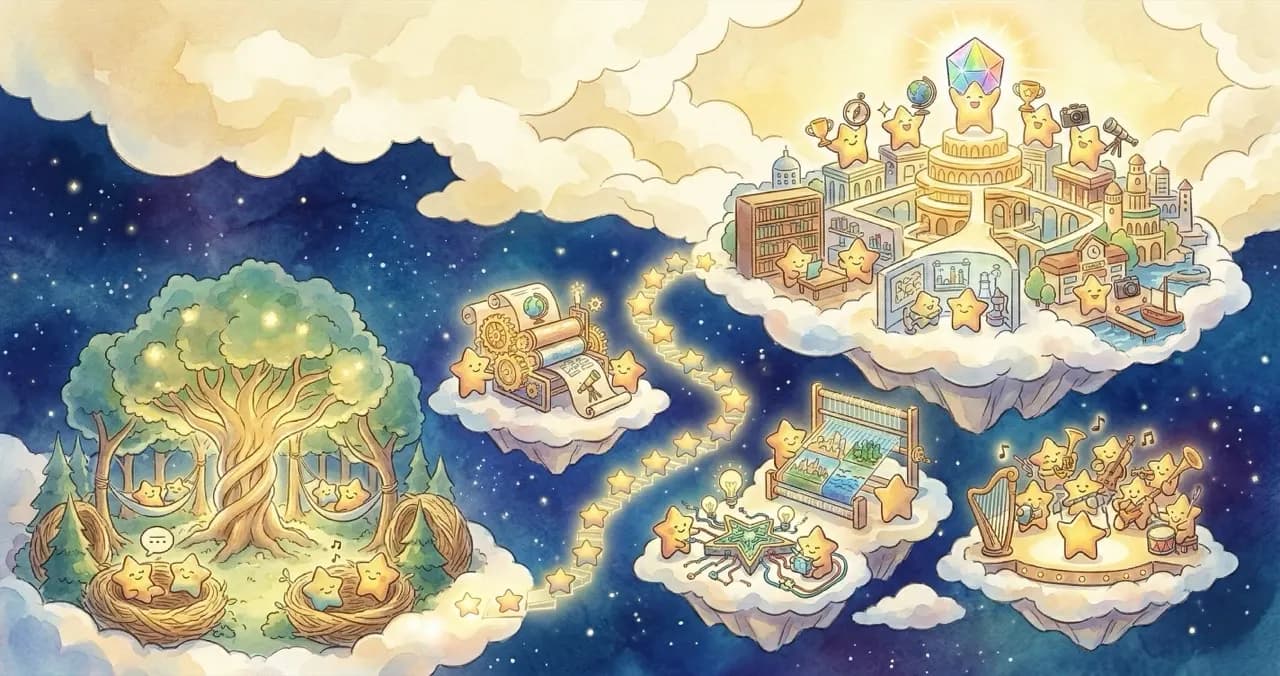 星たちが浮島でさまざまなスキルに挑戦する水彩イラスト